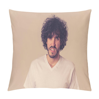 Personality  Annoyed Young Millennial Man With An Angry Face Looking Mad And Furious Feeling Frustrated. Close Up Studio Shot Isolated On White Background. People, Facial Expressions And Negative Emotions. Pillow Covers