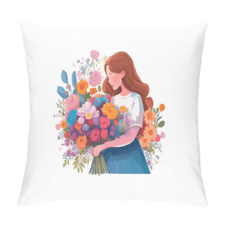 Personality  Mother's Day Concept, Mom And Daughter Illustration Decorated By Flowers, Isolated In White Background. Pillow Covers
