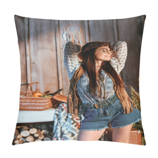 Personality  Hippie Girl Stretching In House Pillow Covers