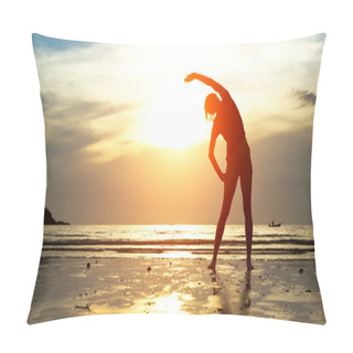 Personality  Silhouette Young Woman, Exercise On The Beach At Sunset. Pillow Covers