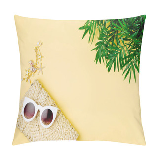 Personality  Tropical Leaves And Beach Bag With Sunglasses On Yellow Background. Top View, Flat Lay. Pillow Covers