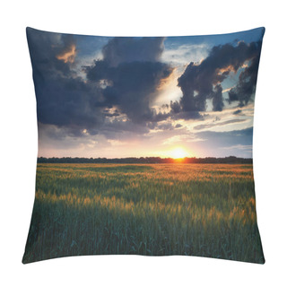 Personality  Beautiful Sunset In Green Wheat Field, Summer Landscape, Bright Colorful Sky And Clouds As Background Pillow Covers