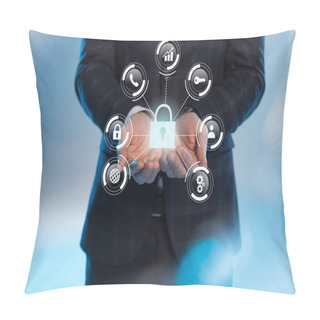 Personality  Partial View Of Businessman With Outstretched Hands And Internet Security Icons Above On Blue Background Pillow Covers
