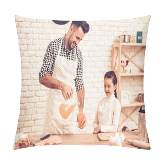Personality  Cook Food At Home. Father Feeds Daughter. Pour Juice In Glass. Happy Family. Father's Day. Girl And Man Cook Food. Man And Child At Table. Spend Time Together. Dad With Carafe In Hand. Family At Home. Pillow Covers