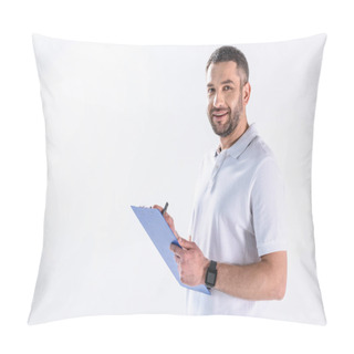 Personality  Portrait Of Smiling Rehabilitation Therapist With Notepad Isolated On Grey Pillow Covers