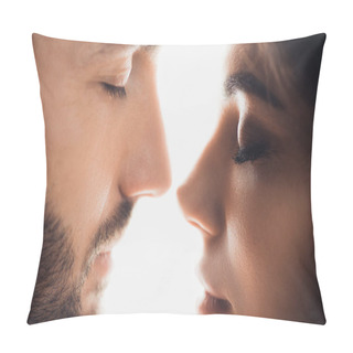 Personality  Cropped View Of Couple With Closed Eyes Isolated On White Pillow Covers