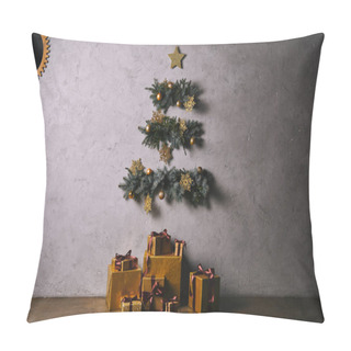 Personality  Handmade Christmas Tree Hanging On Grey Wall, Gift Boxes On Floor In Room Pillow Covers