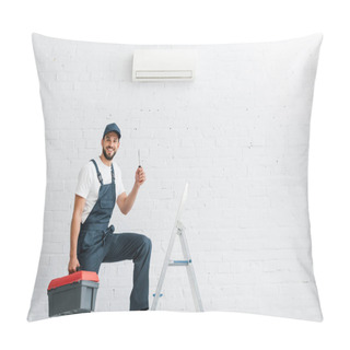 Personality  Smiling Workman In Uniform Holding Screwdriver Near Ladder And Air Conditioner On Wall Pillow Covers