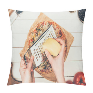 Personality  Close-up View Of Woman Grating Cheese On Pizza On White Wooden Background Pillow Covers