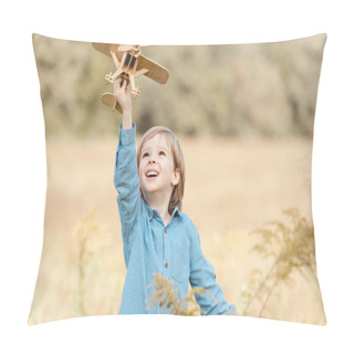Personality  Happy Little Kid In Field Playing With Toy Airplane In Beautiful Field Pillow Covers