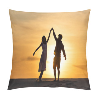 Personality  Silhouettes Of Man And Woman Dancing On Beach Against Sun During Sunset Pillow Covers
