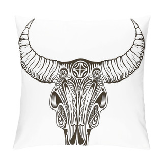 Personality  Boho Chic, Ethnic, Native American Or Mexican Bull Skull With Feathers On Horns. Tribal Hand Drawn Vector Illustration Pillow Covers