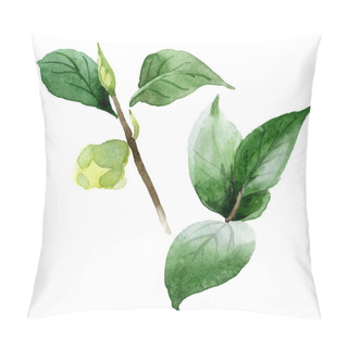 Personality  Camellia Bud With Green Leaves Isolated On White. Watercolor Background Set. Pillow Covers