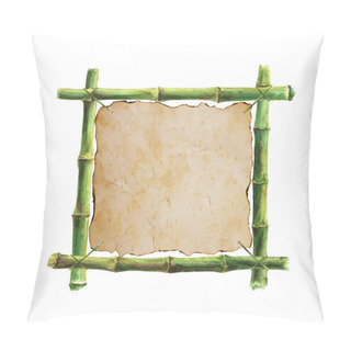 Personality  Green Bamboo Stems Sticks Frame With Old Brown Paper Isolated On White Background. Watercolor Hand Drawn Illustration With Space For Text, Image, Border, Template, Photo Frame. Pillow Covers