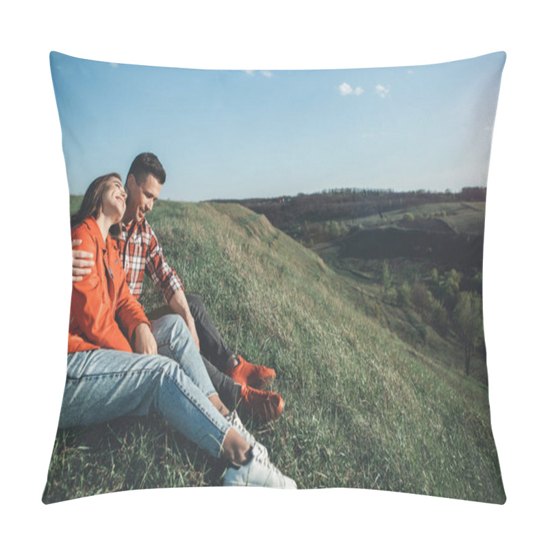 Personality  Smiling Woman And Man Bounding To Each Other On Hill Pillow Covers