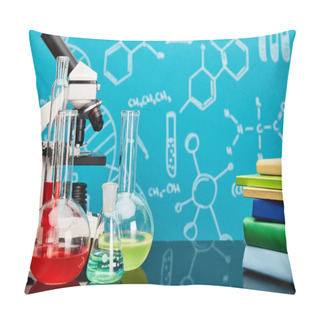 Personality  Books, Microscope, Glass Test Tubes And Flasks With Colorful Liquid On Blue Background With Molecular Structure Pillow Covers