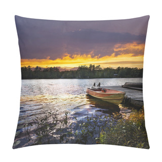 Personality  Boat Docked On Lake At Sunset Pillow Covers