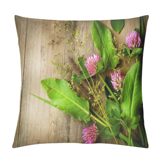 Personality  Herbs Over Wood. Herbal Medicine. Herbal Background Pillow Covers
