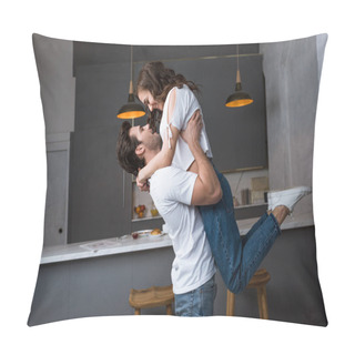 Personality  Handsome Man Holding In Arms Attractive Girlfriend In Modern Kitchen  Pillow Covers
