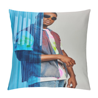 Personality  Young Afroamerican Male Model In Sunglasses, Denim Vest And Colorful T-shirt Posing And Standing Behind Blue Polycarbonate Sheet On Grey Background, DIY Clothing, Sustainable Lifestyle  Pillow Covers
