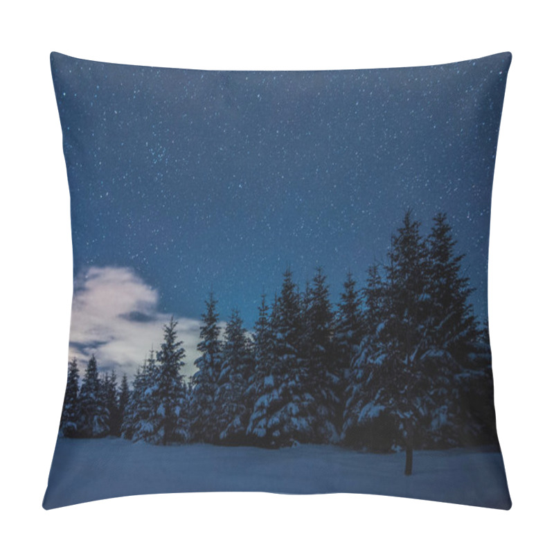 Personality  starry dark sky and spruces in carpathian mountains at night in winter pillow covers