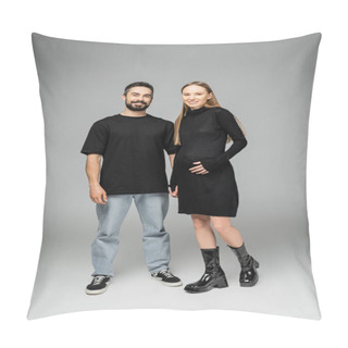Personality  Full Length Of Cheerful And Trendy Pregnant Woman In Black Dress Looking At Camera While Standing Near Bearded Husband In T-shirt And Jeans On Grey Background, Concept Of Birth Of Child Pillow Covers