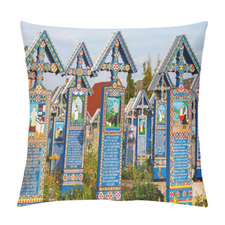 Personality  SAPANTA,ROMANIA - 04 JULY, 2015- The Merry Cemetery Of Sapanta, Maramures, Romania. Those Cemetery Is Unique In Romania And In The World. Pillow Covers