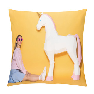 Personality  Asian Female Model In Sunglasses Sitting On Floor And Decorative Unicorn On Yellow Background  Pillow Covers