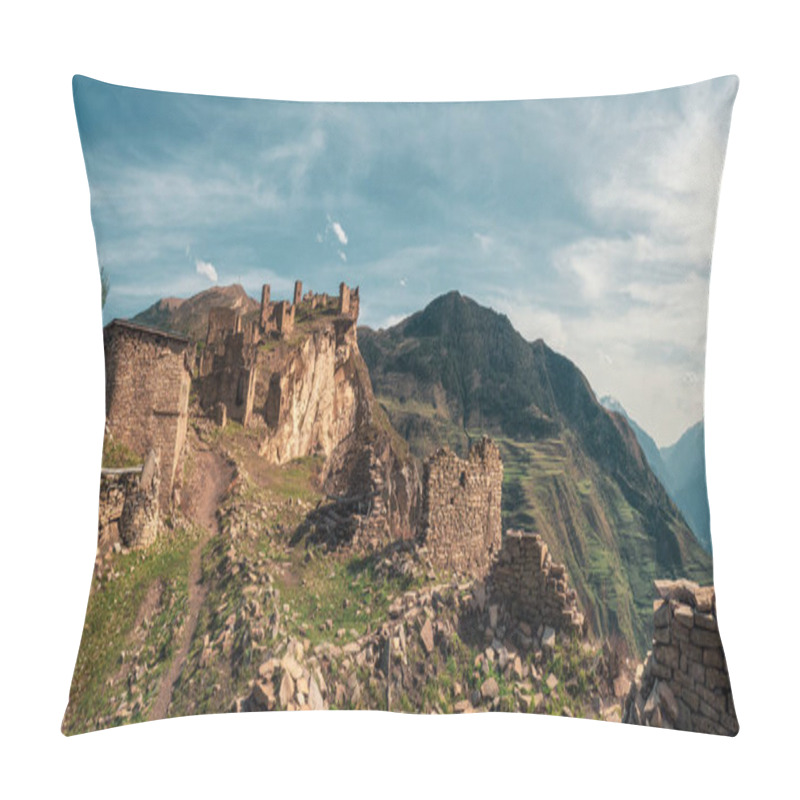 Personality  Summer panoramic view of ruins and towers of the aul ghost Goor in Dagestan in the evening light. Russia. pillow covers