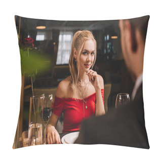 Personality  Selective Focus Of Attractive Woman Flirting With Man In Restaurant  Pillow Covers