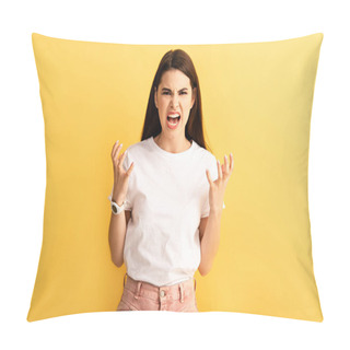 Personality  Irritated Girl Gesturing And Shouting While Showing Indignation Gesture Isolated On Yellow Pillow Covers