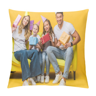 Personality  Cheerful Parents And Kids In Birthday Party Caps Holding Gift Boxes On Sofa On Yellow  Pillow Covers