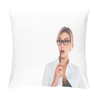 Personality  Teacher In Blous With Open Neckline Holding Pen Near Lips Isolated On White Pillow Covers