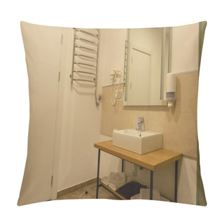 Personality  Bathroom Interior With Sink, Towels, Mirror And Hair Dryer Pillow Covers