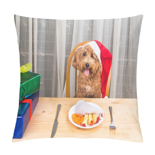 Personality  Concept Of Excited Dog On Santa Hat Having Delicious Raw Meat Christmas Meal Pillow Covers