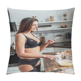 Personality  Woman In Black Lingerie Whipping Eggs With Whisk And Holding Smartphone In Kitchen Pillow Covers