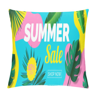 Personality  Summer Sale Banner Design With Tropical Leaves On Geometric Colorful Abstract Shapes Background Pillow Covers