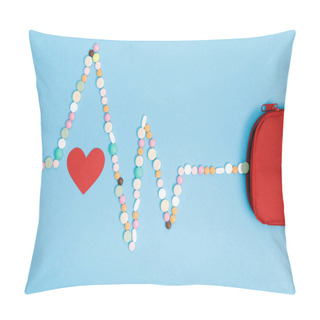 Personality  Flat Lay With Pills, First Aid Kit Bag And Paper Heart On Blue Surface Pillow Covers