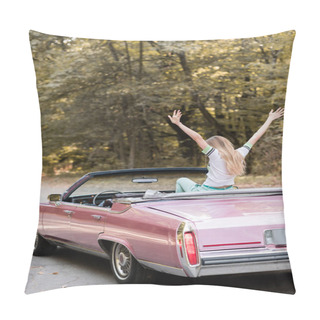 Personality  Back View Of Young Woman Sitting In Vintage Convertible Car With Hands In Air Pillow Covers