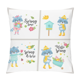 Personality  Cute Animals Collection. Raccoon With A Garden Wheelbarrow, Gives Spring Flowers Bouquet, Raccoon With Bird House, Floral Bouquet. Animals Rejoices In Spring. Pillow Covers
