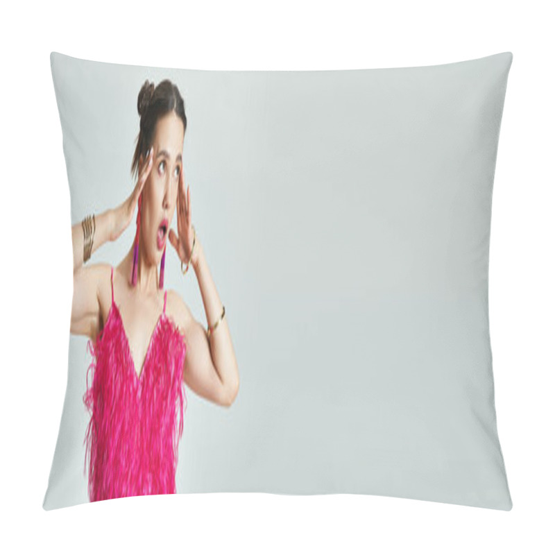 Personality  Surprised woman in trendy pink outfit gasps, touching her face, standing on grey background, banner pillow covers
