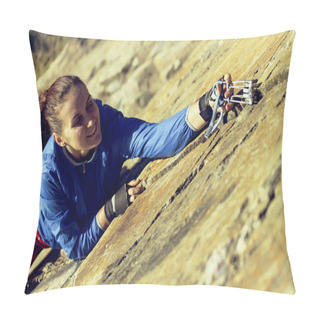 Personality  Woman Rock Climber Climbs On The Cliff. Rock Climber Climbs On A Pillow Covers