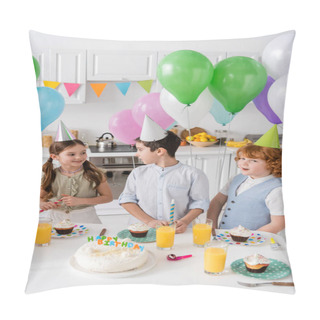 Personality  Happy Boy And Girl Looking At Each Other Next To Cake During Birthday Party  Pillow Covers