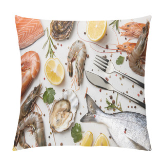 Personality  Raw Fish And Assorted Seafood With Herbs And Lemons Isolated On White Pillow Covers