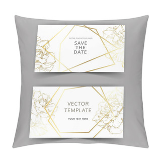 Personality  Vector. Golden Rose Flowers On Cards. Wedding Cards With Golden Borders. Thank You, Rsvp, Invitation Elegant Cards Illustration Graphic Set. Engraved Ink Art. Pillow Covers