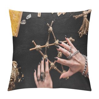 Personality  Cropped View Of Witch Touching Pentagram Near Runes, Book, Crystals, Skull And Voodoo Doll On Black  Pillow Covers