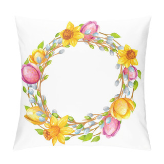 Personality  Watercolor Illustration - A Beautiful Round Wreath, Frame Of Orange, Yellow And Pink Tulips, Narcissus And Willow. Delicate Spring, Easter Coposition. Isolated Objects On White Background. Pillow Covers