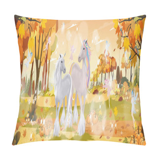 Personality  Fantasy Cute Cartoon Of Little Fairies Flying  With Two Unicorn In Magic Autumn Forest, Vector Landscape Of Autumn Wonderland.Fall Season With Beautiful Panoramic View With Mid Autumn Natural Pillow Covers