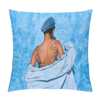 Personality  Back View Of Short Haired And Trendy African American Woman In Beret, Top With Animal Print And Denim Shirt Standing On Blue Textured Background, Stylish Denim Attire Pillow Covers