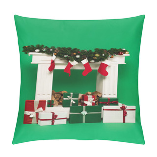 Personality  Presents Near Decorated Fireplace With Fir Branches On Green Background  Pillow Covers